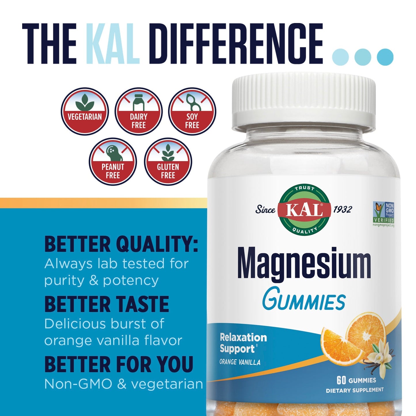 KAL Magnesium Citrate Gummies - Relaxation, Bone, Muscle and Cellular Energy Support - 330mg Magnesium Supplement - Orange Vanilla Flavor - Non-GMO, Vegetarian - 60 Magnesium Gummies