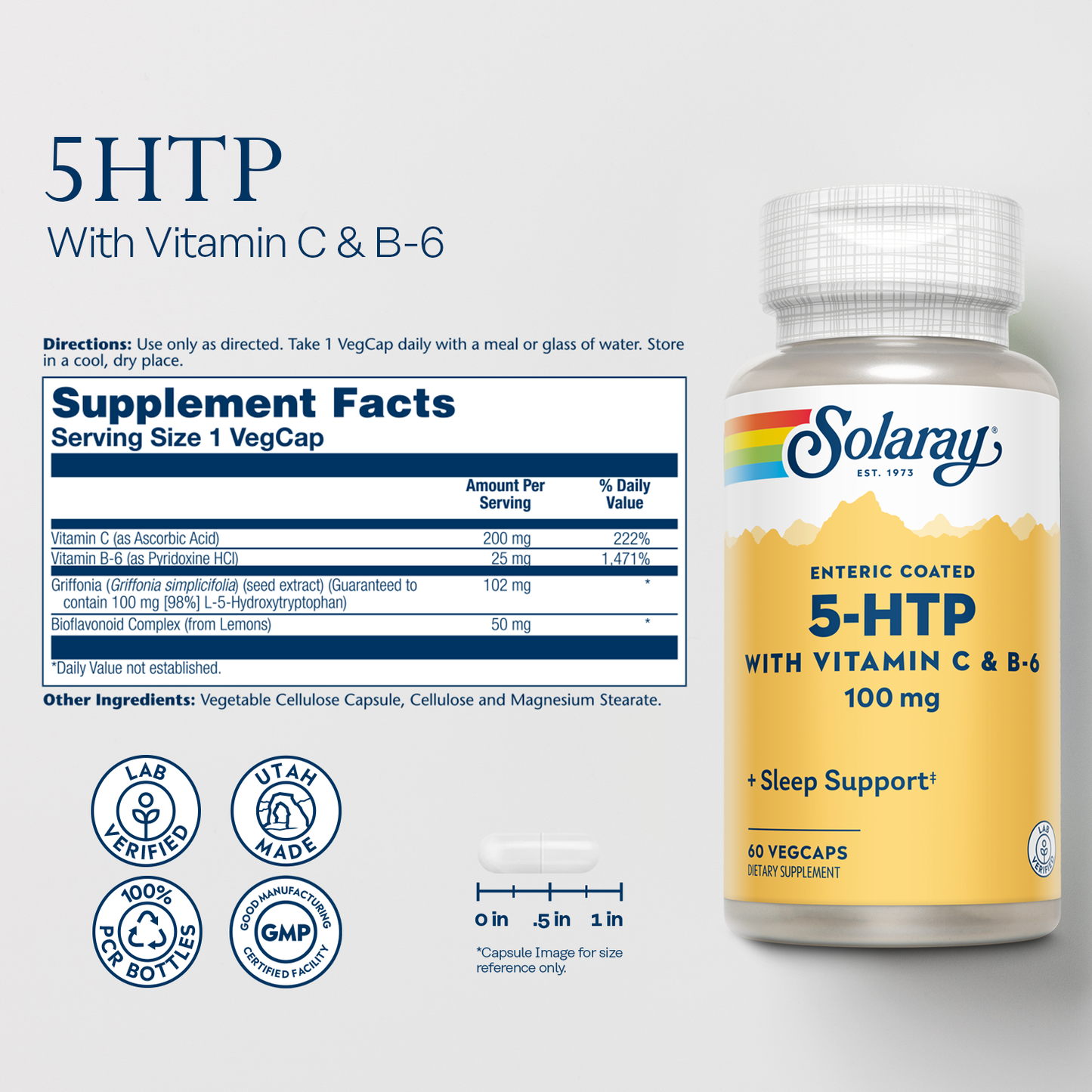 Solaray 5 HTP Supplement with Vitamin C & B-6 - Sleep Supplement and Serotonin Synthesis Support - Lab Verified, 60-Day Money-Back Guarantee - 60 Servings, 60 Enteric Coated VegCaps