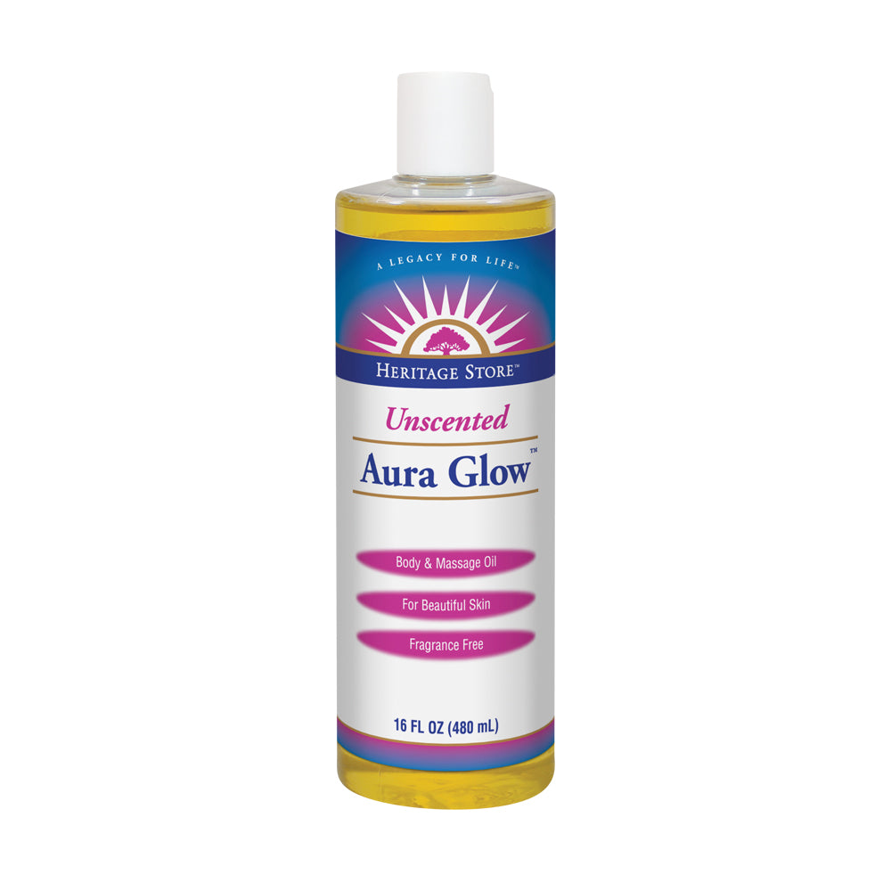 Heritage Store Aura Glow Unscented | Body & Massage Oil | For Beautiful Skin & Hair | Moisturizer, Aftershave, Lotion, Hair & Bath Oil | 16 FL OZ