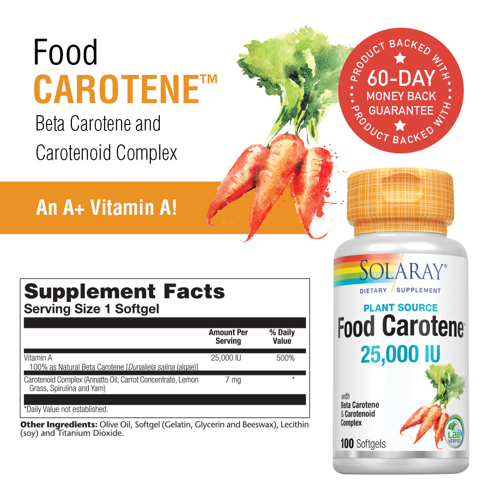 Solaray Food Carotene, Vitamin A as Beta Carotene 25000IU Carotenoids for Healthy Skin & Eyes, Antioxidant Activity & Immune System Support (076280041217) (100 CT)