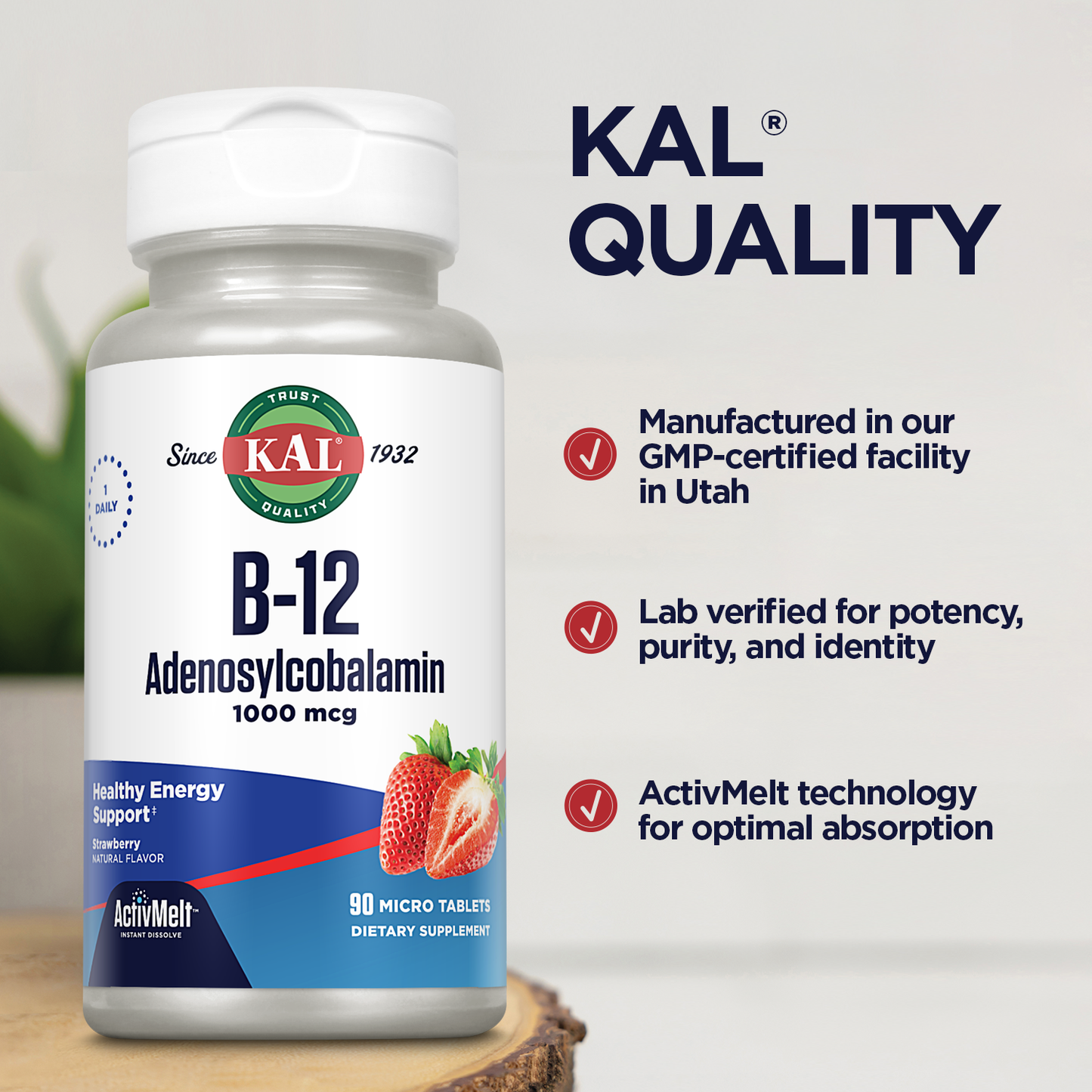 KAL Vitamin B12 1000 mcg Adenosylcobalamin ActivMelt, B12 Energy Supplements, Metabolism, Nerve and Red Blood Cell Support, High Absorption, Vegetarian, Natural Strawberry, 90 Serv, 90 Micro Tablets