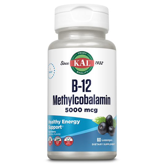 KAL Vitamin B-12 Methylcobalamin Lozenges 5000mcg, Healthy Energy, Metabolism, Nerve & Red Blood Cell Support,* Optimal Absorption, Natural Acai Flavor, Vegan, Sugar Free, 60 Servings, 60 Lozenges