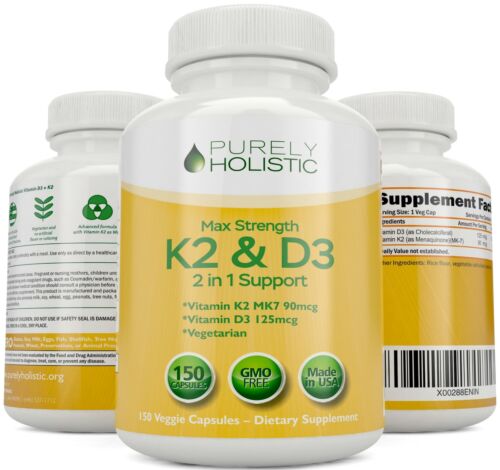 Vitamin D3 with K2 D3 5000IU and K2 90mcg 2 Bottles x 150 Vegetarian Capsules