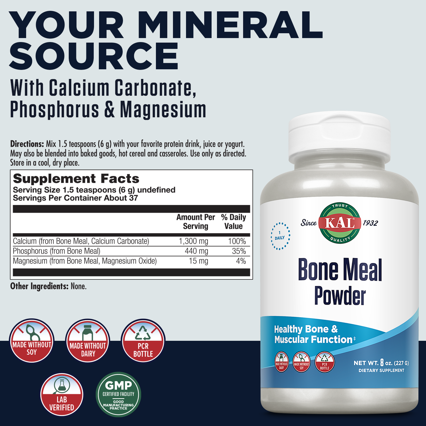 KAL Bone Meal Powder, Calcium Magnesium Supplement, Bone Health, Muscle Function and Nerve Health, Sterilized and Edible, Unflavored, Made Without Soy or Dairy, 60-Day Guarantee (Approx. 37 Serv, 8oz)