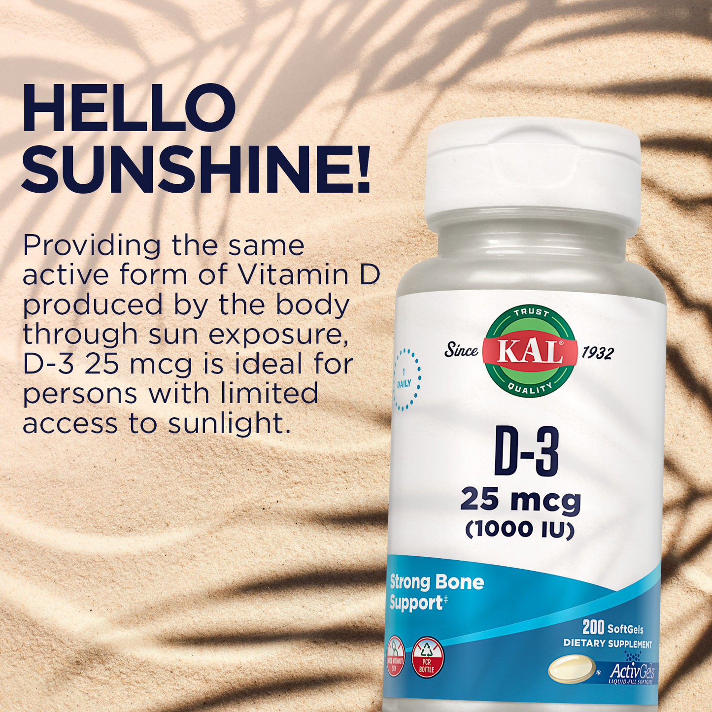 KAL Vitamin D3 1000 IU Softgels (25 mcg), Active Form of Vitamin D, Calcium Absorption, Bone Health, Immune Support Supplement, Liquid Filled ActivGel, Made Without Soy, 200 Servings, 200 Softgels