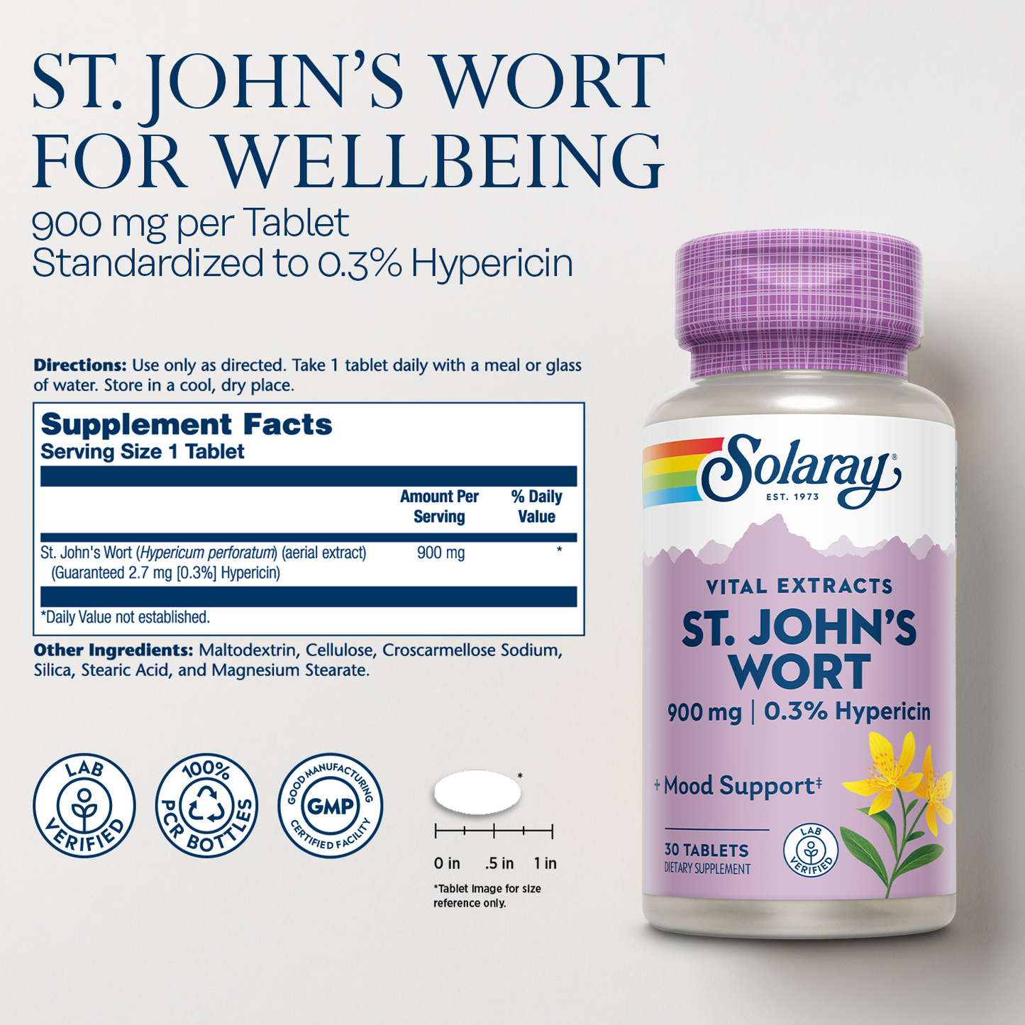 Solaray St. Johns Wort Aerial Extract One Daily 900mg , Standardized w/ 0.3% Hypericin for Mood Stability & Brain Health Support, Non-GMO , 60 Ct