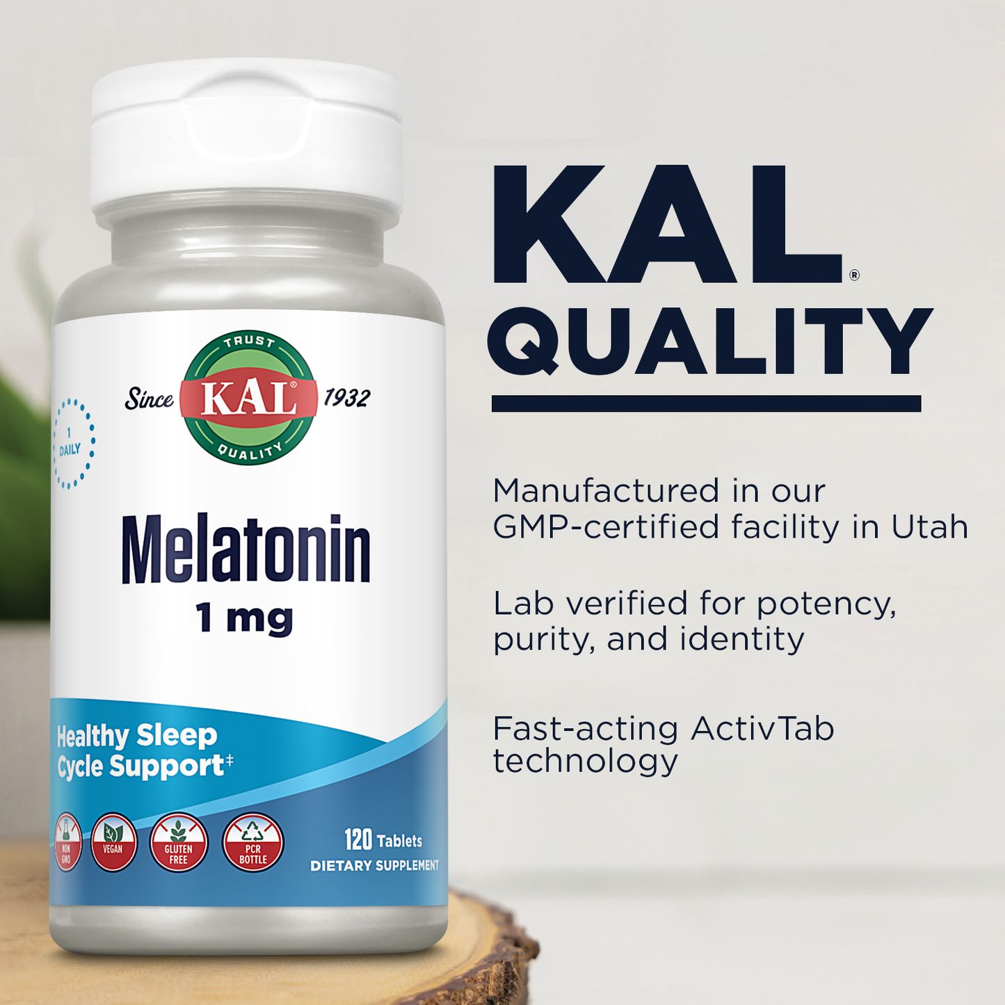 KAL Melatonin 1mg, Fast Acting Melatonin Tablets, Calming Relaxation and Sleep Cycle Support, Vegan, Gluten Free, Non-GMO, 60-Day Guarantee, 120 Servings, 120 Tablets