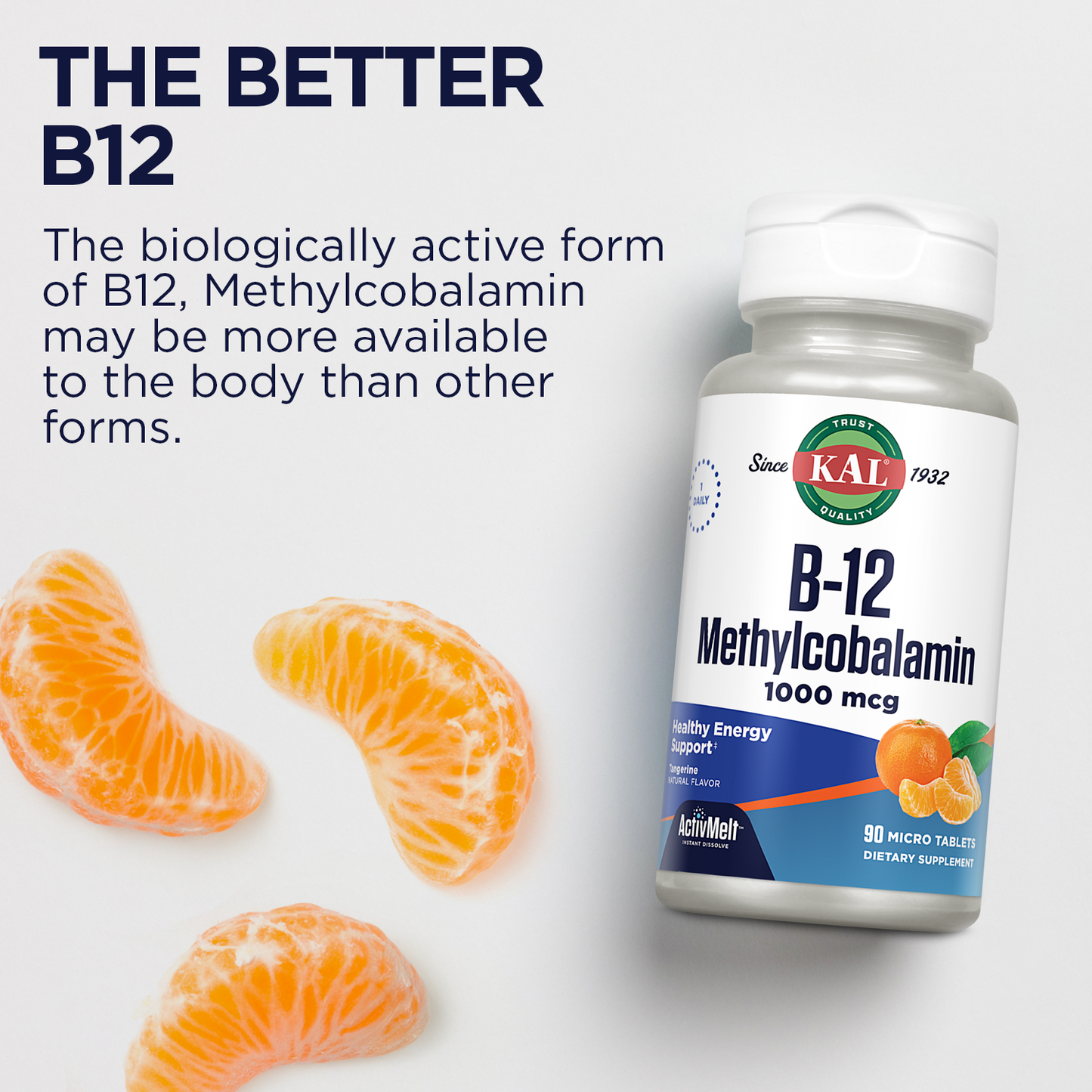 KAL Vitamin B12 Methylcobalamin 1000mcg, Healthy Energy, Metabolism, Nerve & Red Blood Cell Support,* Fast Dissolve ActivMelt, Optimal Absorption, Natural Tangerine Flavor, 90 Servings, 90 Micro Tabs