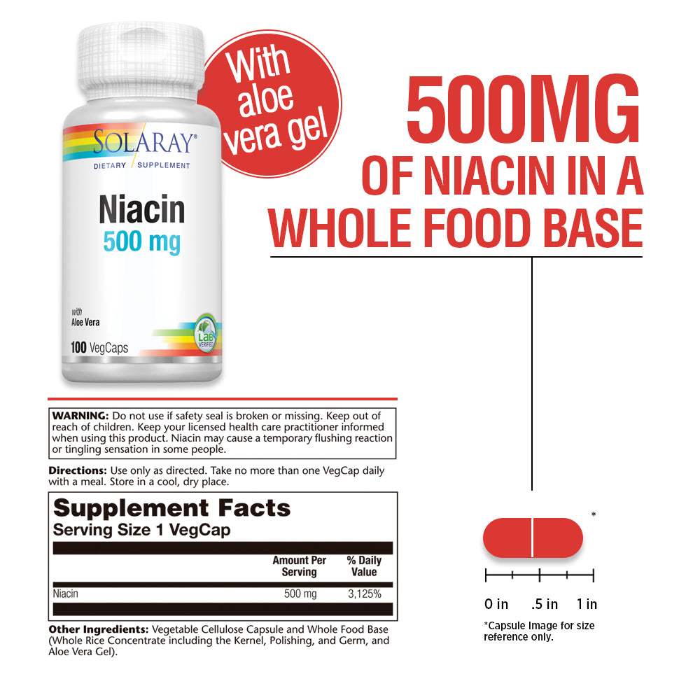 Solaray Niacin 500 mg, Vitamin B3 | Skin Health, Nervous System & Circulation Support | 100ct