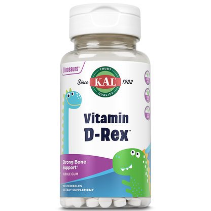 KAL Vitamin D-Rex Chewable, Childrens Vitamins 400 IU D-3, Bubble Gum Flavor, Strong Bone & Immune Support, Lactose/Peanut/Soy Free, 60-Day Guarantee, 90 Servings, 90 Dinosaur Shape Chewables