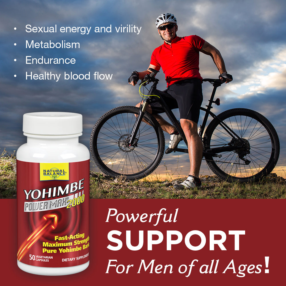 Natural Balance Yohimbe PowerMax 2000 | Maximum Strength Formula w/ Pure Yohimbe Bark | Sexual Energy & Virility Supplement | 50 VegCaps, 25 Serv.