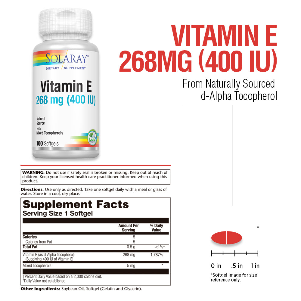 Solaray Vitamin E d-Alpha Tocopherol 268mg (400 IU) | Heart & Skin Health, Antioxidant Activity Support