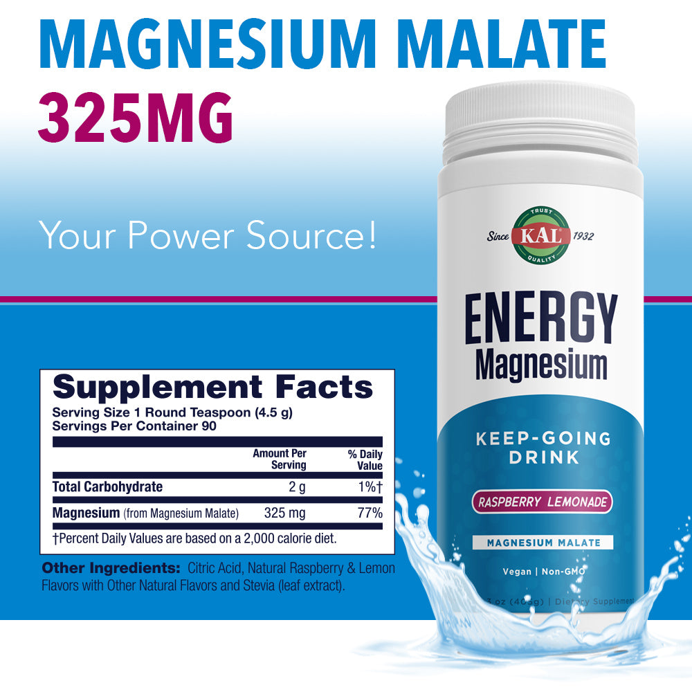 KAL Energy Magnesium Keep-Going Drink | Magnesium Malate 325mg | Healthy Metabolism & Stamina Support | 14.3oz, 90 Serv.