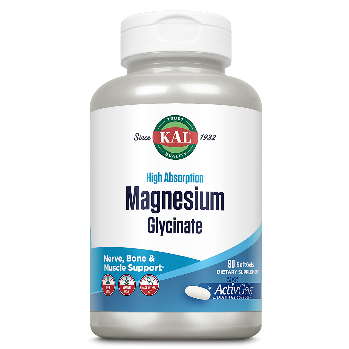 KAL Magnesium Glycinate ActivGels 315mg, High Absorption Magnesium Supplement for Muscle, Nerve & Bone Health Support, Non-GMO, Gluten Free, 30 Servings, 90 Softgels