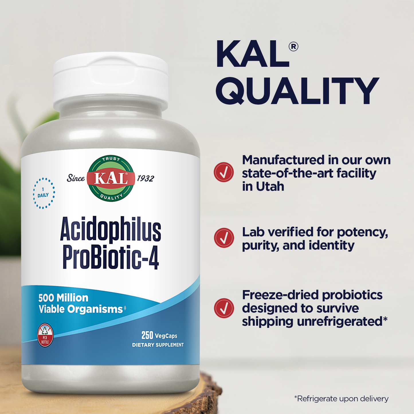 KAL Acidophilus ProBiotic-4, 500 Million CFUs, Four Probiotic Strains, Probiotics for Women and Men, Freeze Dried, L. acidophilus, L. bulgaricus, S. thermophilus, B. bifidum, 250 Servings, 250 VegCaps