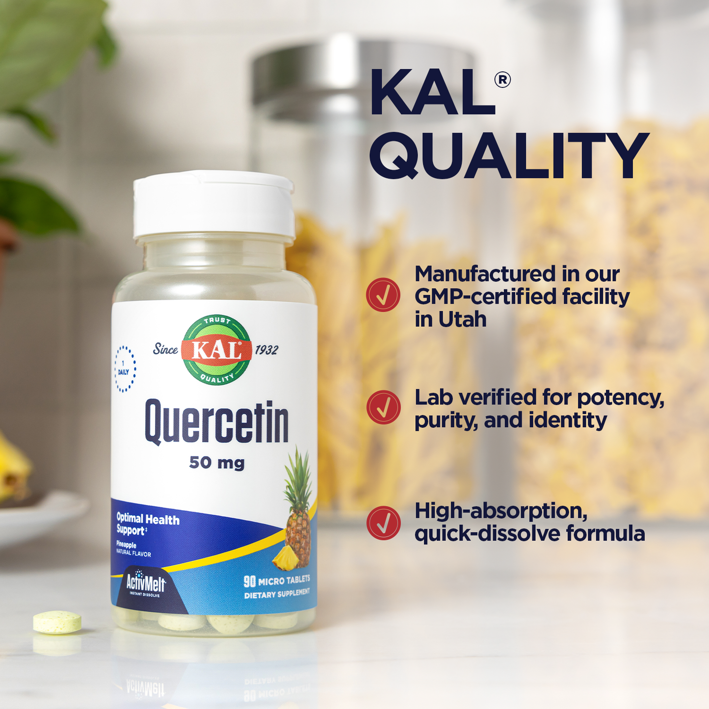 KAL Quercetin ActivMelt, Optimal Health and Wellness Support Supplement, Bioflavonoids, Natural Pineapple Flavor, 90 Servings, 90 Instant Dissolve Micro Tablets