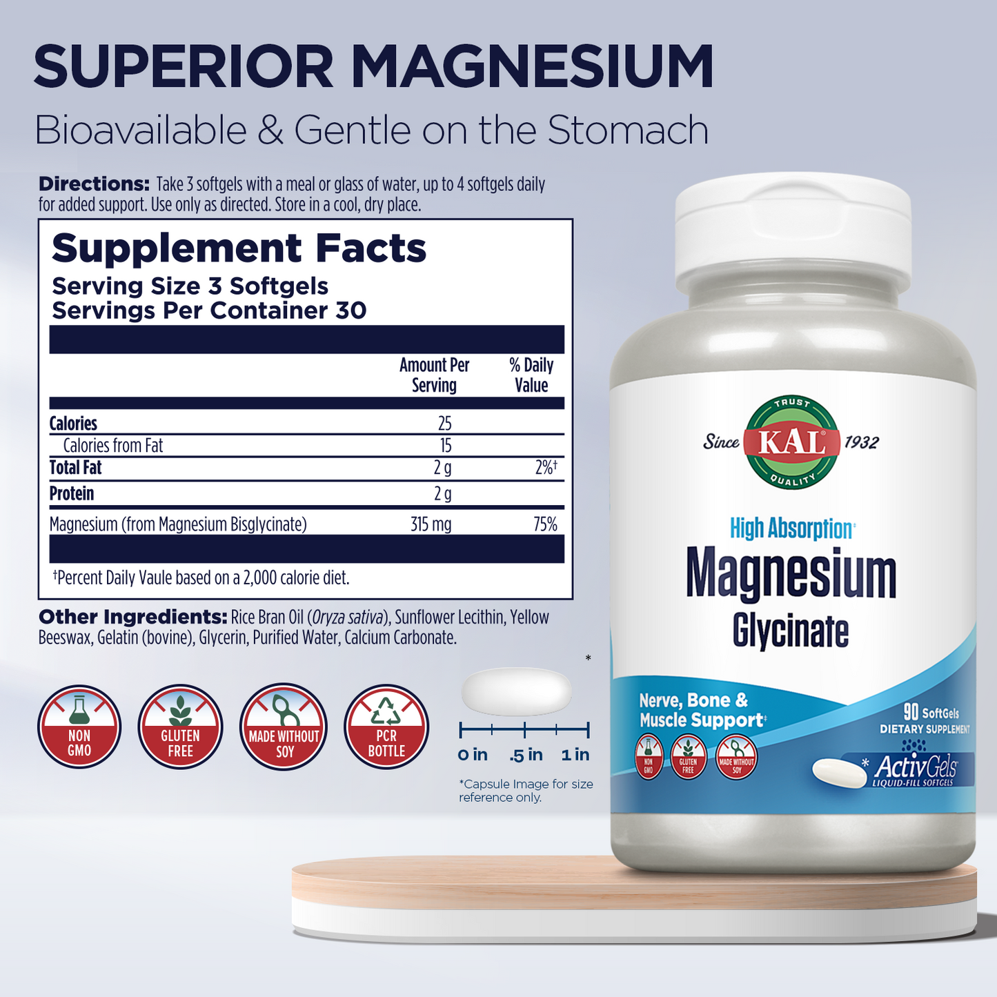 KAL Magnesium Glycinate ActivGels 315mg, High Absorption Magnesium Supplement for Muscle, Nerve & Bone Health Support, Non-GMO, Gluten Free, 30 Servings, 90 Softgels