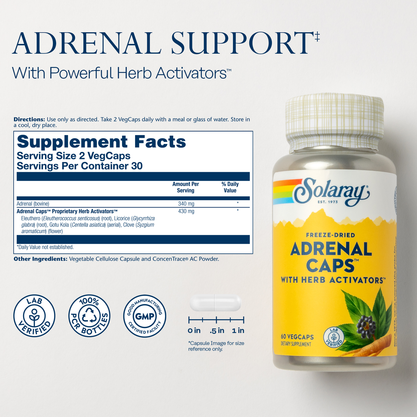 Solaray Adrenal Caps Freeze Dried, Veg Cap (Btl-Plastic) 170mg 60ct