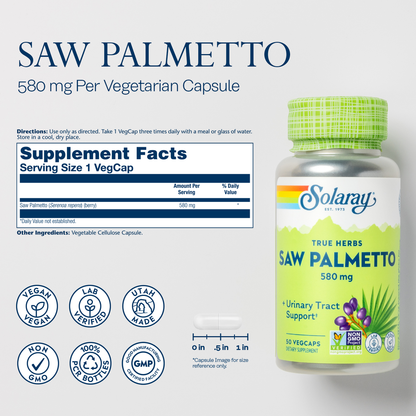 Solaray Saw Palmetto Berry 580 mg, Healthy Prostate and Urinary Tract Support from Fatty Acids & Plant Sterols for Men and Women, Non-GMO, Vegan & Lab Verified, 50 VegCaps, 50 Servings