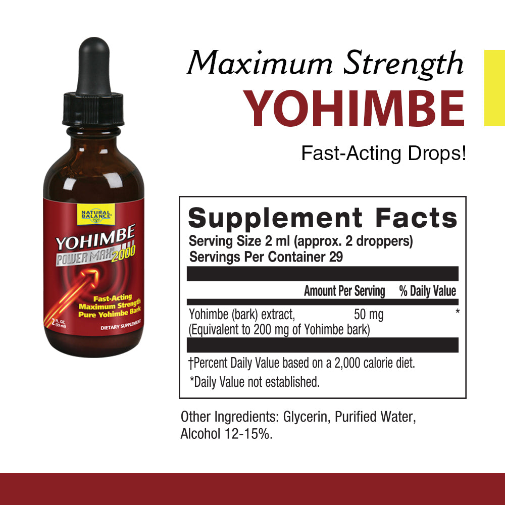 Natural Balance Yohimbe PowerMax 2000 | Maximum Strength Drops w/ Pure Yohimbe Bark | Sexual Energy & Virility Supplement | Unflavored | 2oz, 29 Serv.