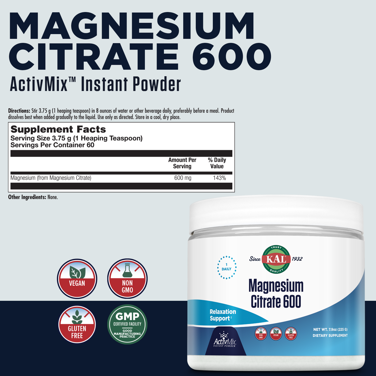 KAL Magnesium Citrate 600 mg ActivMix Instant Powder, Magnesium Supplement for Healthy Muscle Function, Relaxation, Nerve and Circulation Support, Vegan, Non-GMO, Gluten Free, Approx. 60 Serv, 7.9oz