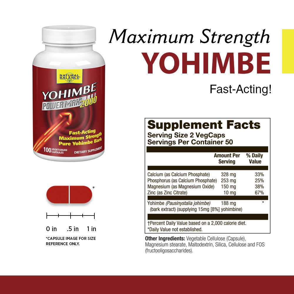 Natural Balance Yohimbe PowerMax 2000 | Maximum Strength Formula w/ Pure Yohimbe Bark | Sexual Energy & Virility Supplement | 100 VegCaps, 50 Serv.