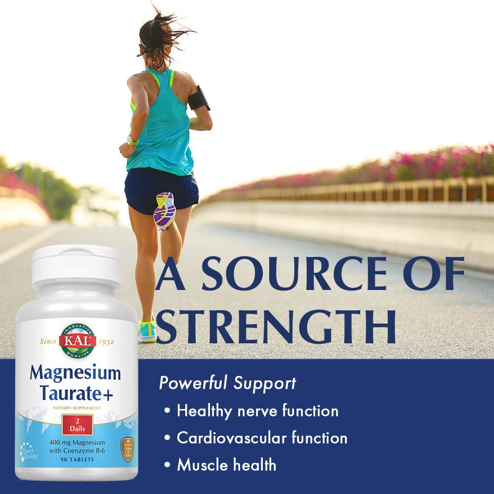 KAL Magnesium Taurate 400mg Plus CoEnzyme Vitamin B6, Chelated Magnesium Supplement, Healthy Muscle Function, Nerve and Heart Health Support, Gluten Free, Vegan, 60-Day Guarantee (90 CT, 2pk)