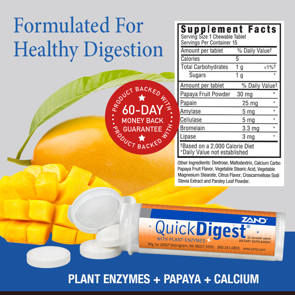Zand Quick Digest with Plant Enzymes | Healthy Digestion Support w/ Lipase, Cellulase, Amylase, Papain, Bromelain, Papaya & Calcium | 15 Chewables