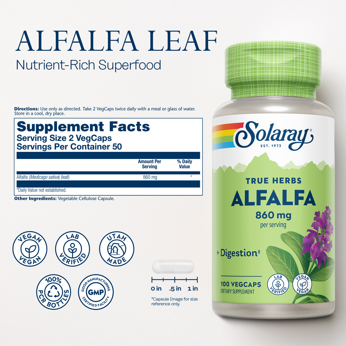 Solaray Alfalfa Leaf 860 mg, Alfalfa Capsules, Superfood with Naturally Occurring Vitamins, Minerals, and Fiber, Healthy Digestion Support, Vegan, 60-Day Guarantee, 50 Servings, 100 VegCaps