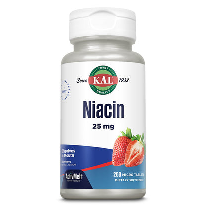 KAL Niacin 25mg ActivMelt, Once Daily Vitamin B3 Supplement, Energy Metabolism, Skin, Nerve & Digestive Health Support, Enhanced Absorption, Natural Strawberry Flavor, 200 Servings, 200 Micro Tablets