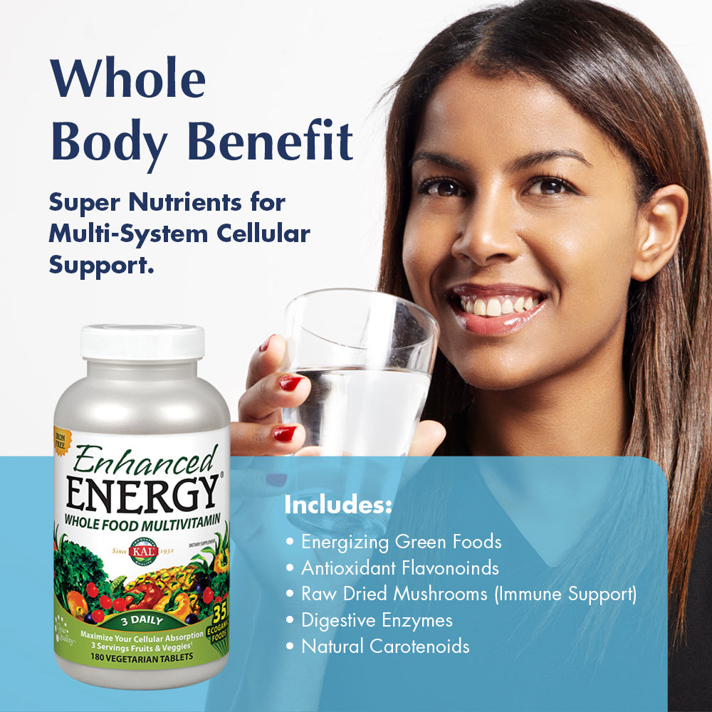 KAL Enhanced Energy Multivitamin | Whole Food Based Vitamins & Minerals w/ Antioxidants, Digestive Enzymes & Natural Carotenoids | 180 Capsules