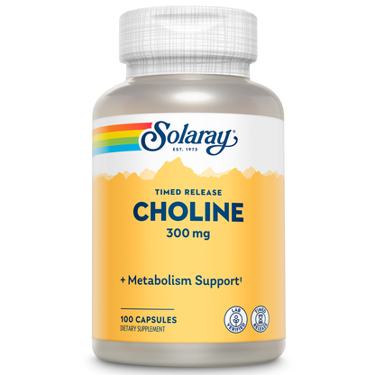 Solaray Choline, Two-Stage Timed-Release 300mg | B Vitamin for Healthy Brain Function & Cardiovascular Support | Non-GMO | 100 Capsules