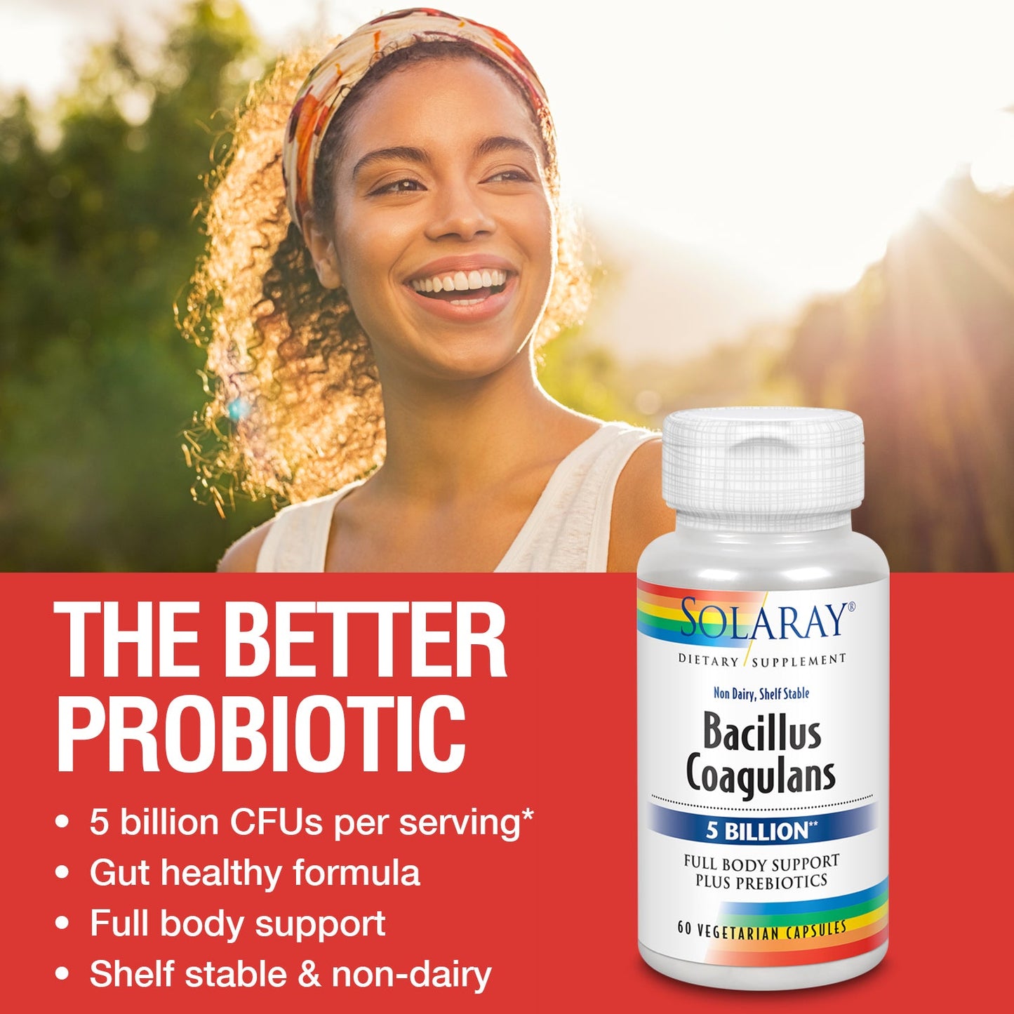 Solaray Bacillus Coagulans Probiotic, Shelf Stable | Full Body Support | 5 Bill. CFUs & Prebiotics, 60 VegCaps, 30 Serv.