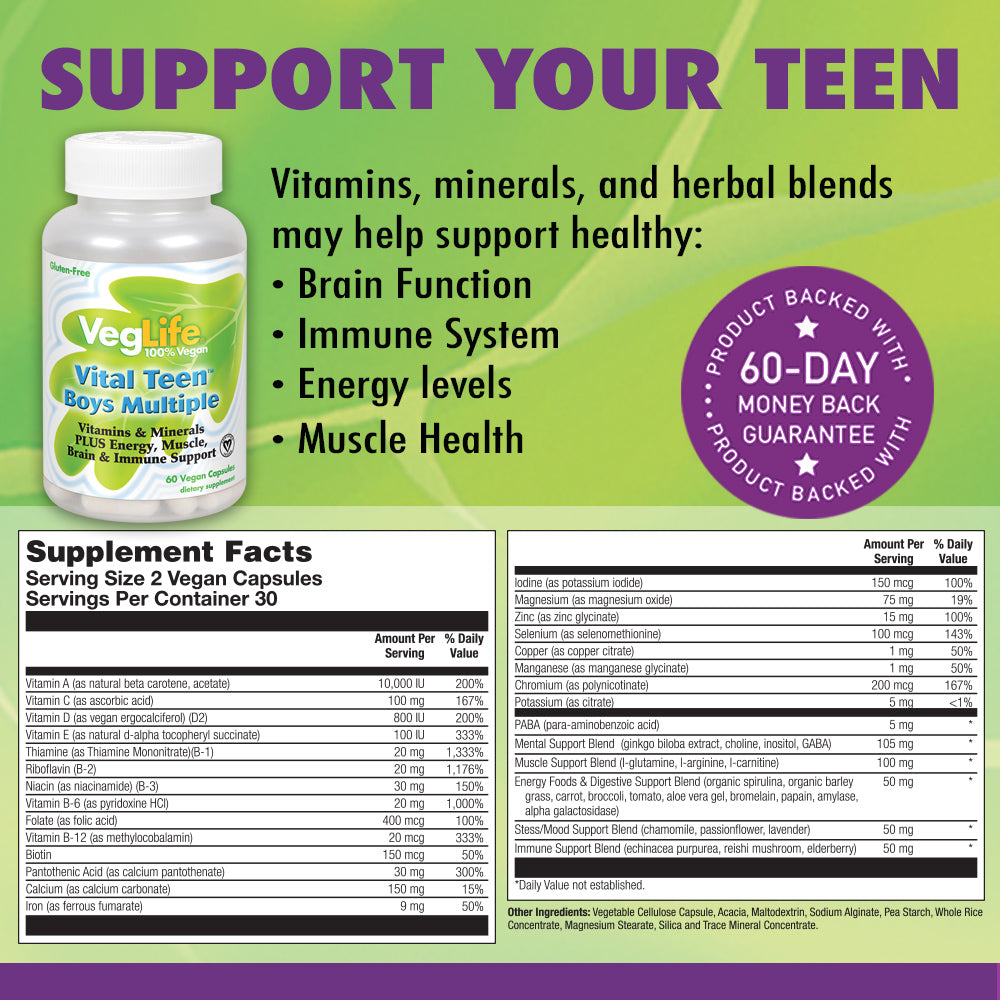 VegLife Vital Teen Boys Multiple Vitamin with Iron | Vegan, Vegetarian | 60 Count