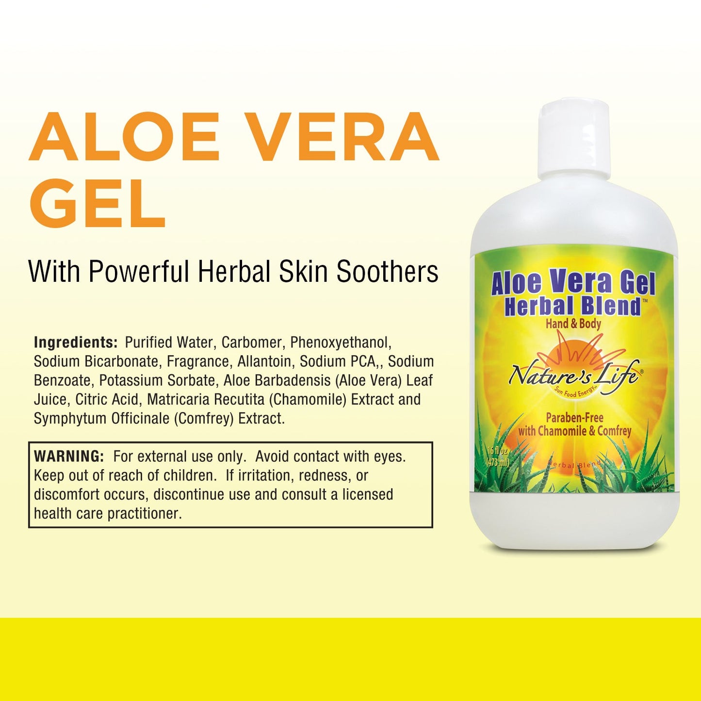 Natures Life Aloe Vera Gel Herbal Blend | Soothing Formula for Hand, Body & Sun Care | With Chamomile & Comfrey | 16oz