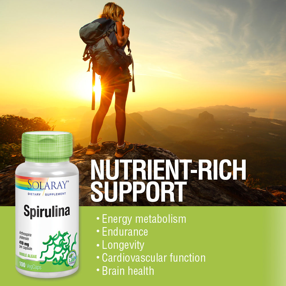 Solaray Spirulina 410mg | Algae Superfood Supports Energy, Vitality & Overall Health | 100ct, 100 Serv.