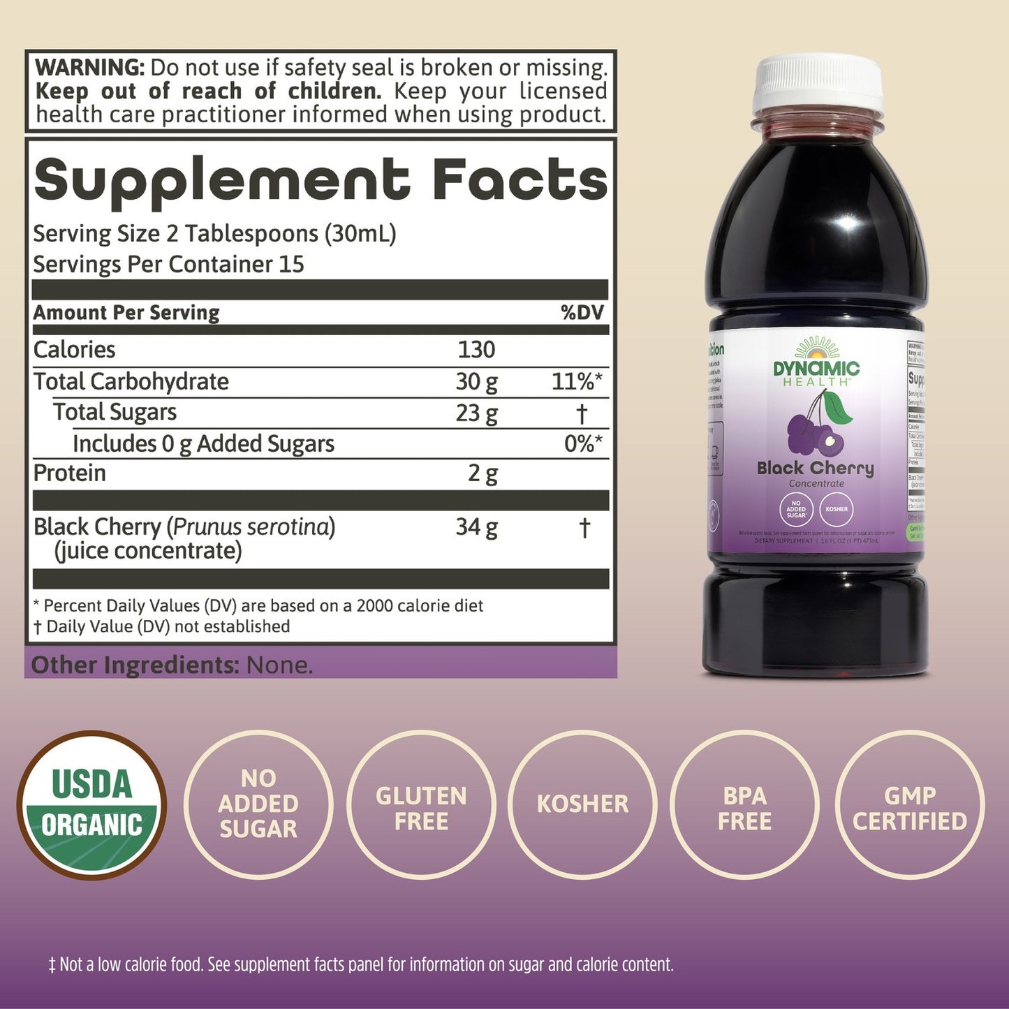 Dynamic Health 100% Pure Black Cherry Juice Concentrate, No Additives, Antioxidant Supplement, Urinary Tract & Joint Support, 16 Fl oz