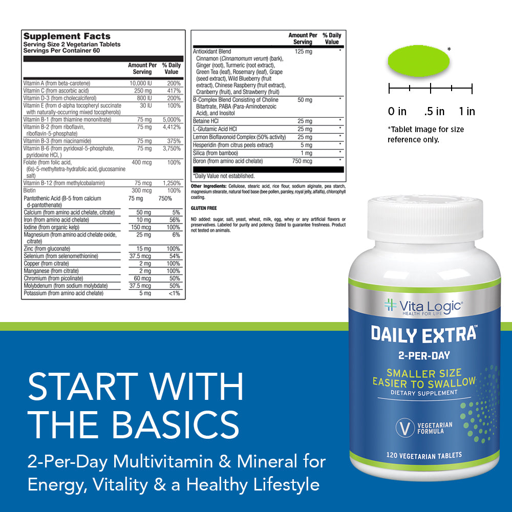 Vita Logic Daily Extra 2 Per Day | Multivitamins & Minerals For Energy, Immune Function & Overall Health Support | 120 Vegetarian Tablets, 60 Servings