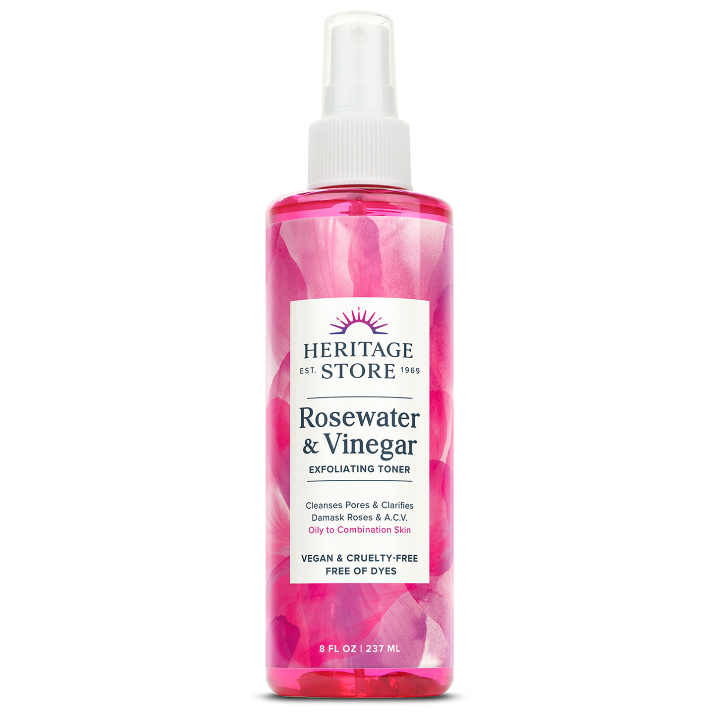 Heritage Store Rosewater & Vinegar Exfoliating Toner with Apple Cider Vinegar, for Oily to Combination Skin Care, Refreshing Splash Cleans & Refines Pores, Clarifies Skin & Scalp, Vegan, 2oz (8oz)