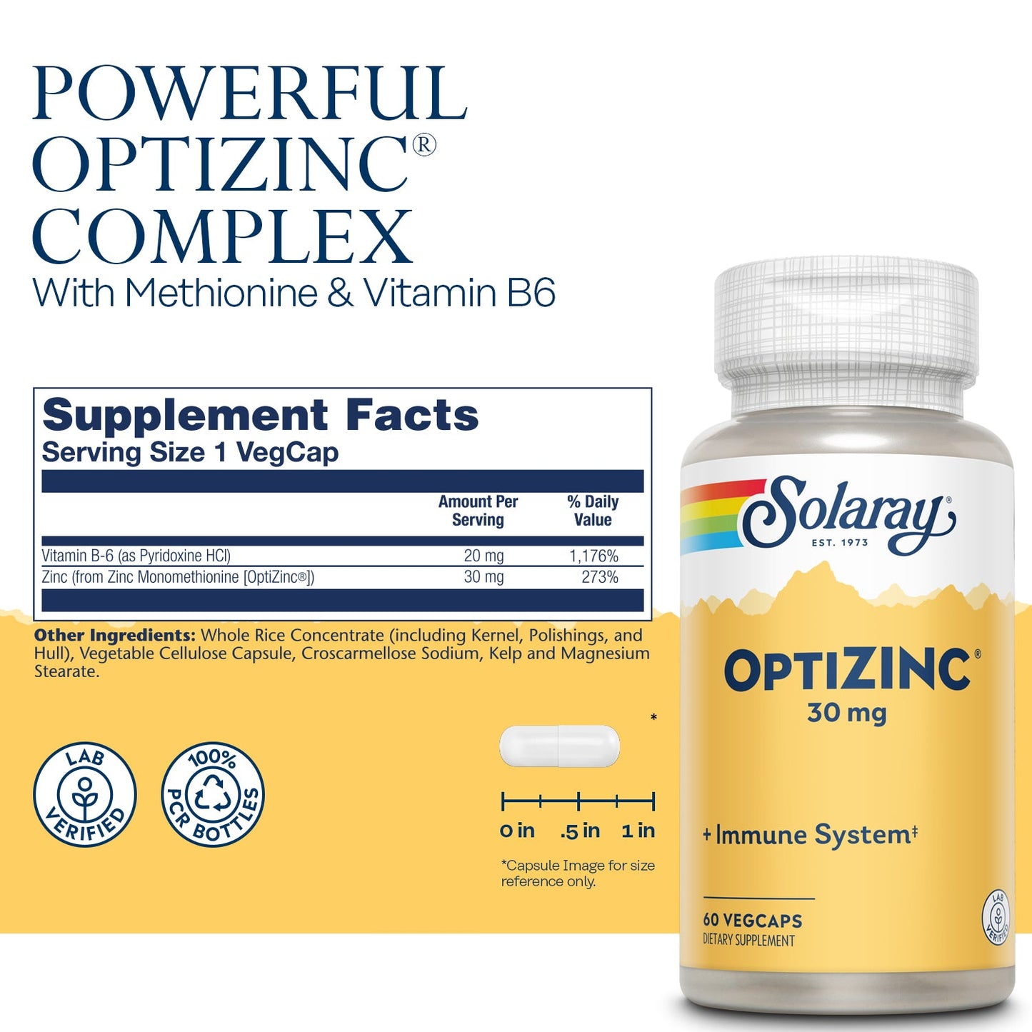 Solaray OptiZinc 30mg Immune Support Supplement, Chelated Zinc Capsules, Endocrine Systems and Cellular Health Support, with Methionine, Vitamin B6 and NO Copper, 60-Day Guarantee, 60 Serv, 60 VegCaps