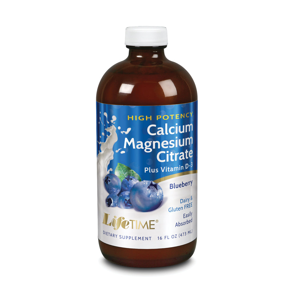 Lifetime High Potency Calcium Magnesium Citrate w/ Vitamin D-3 | Bone & Muscle Support | Easy Absorption, Dairy & No Gluten | Blueberry | 16 FL oz