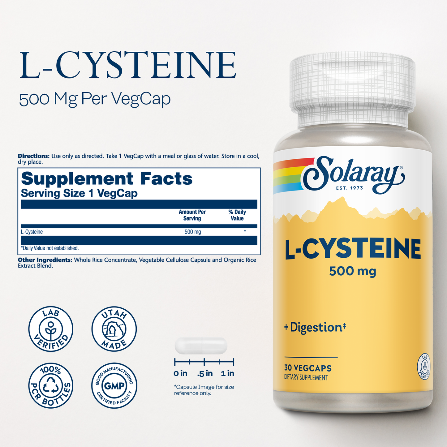 Solaray L-Cysteine 500 mg, Digestion, Hair, Skin and Nails Support Supplement, Master Antioxidant, Lab Verified, 60-Day Money-Back Guarantee, 30 Servings, 30 VegCap