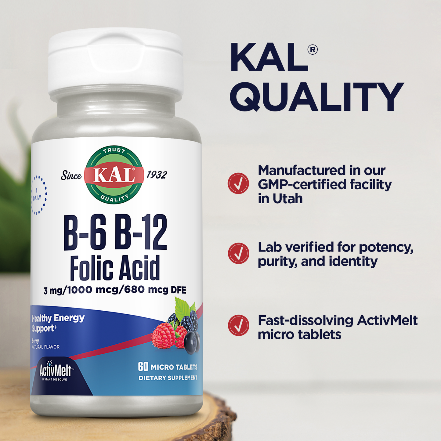 KAL B-6, B-12, and Folic Acid ActivMelt | Healthy Heart & Energy Support | Natural Berry Flavor | Superior Vitamin B Complex | 60 Micro Tablets