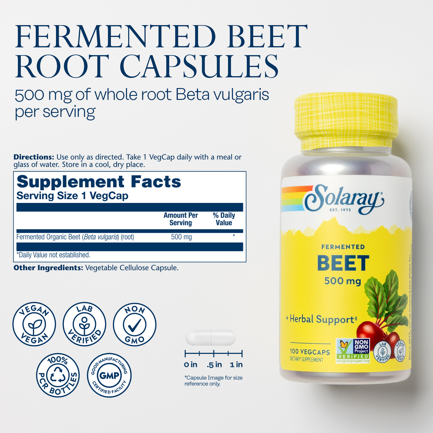 Solaray Organically Grown Fermented Beet Root Root Organic, Veg Cap (Btl-Plastic) 500mg 100ct