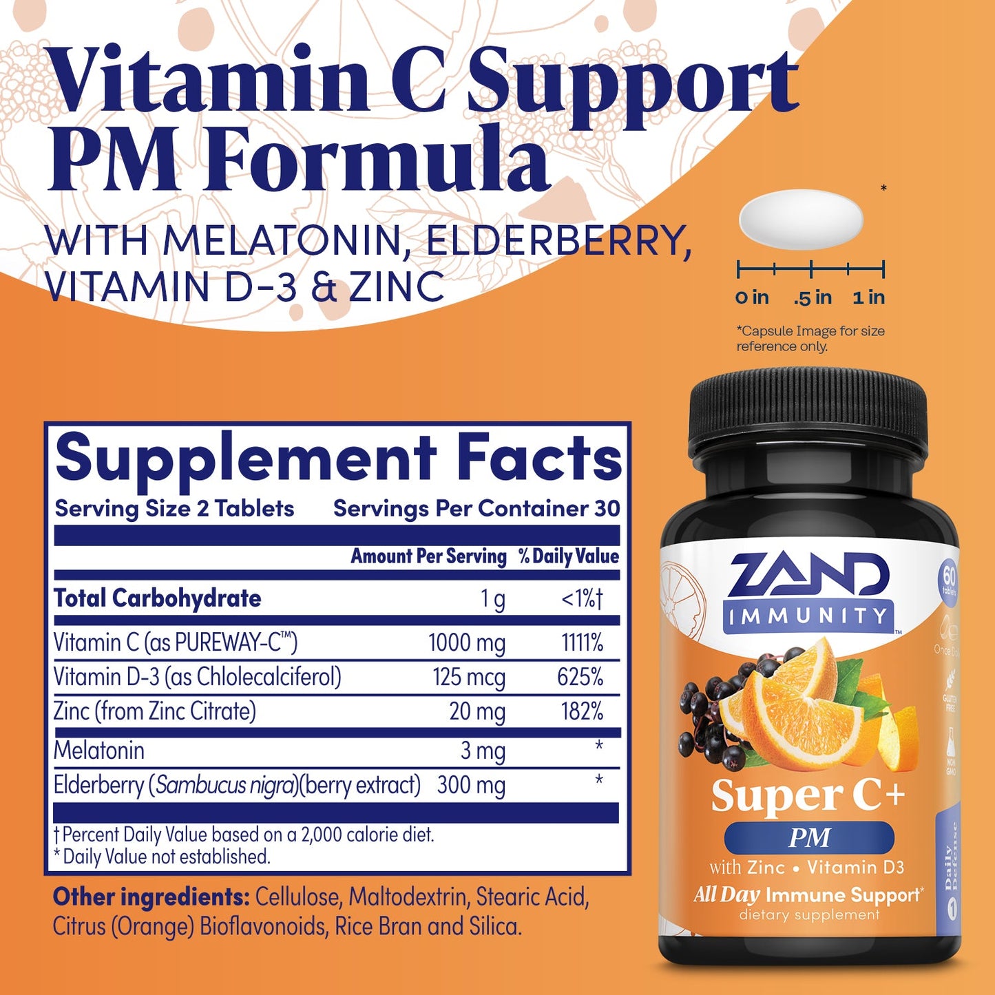 Zand Immunity Super C+ PM, Nighttime Immune Support Plus Melatonin, 1000mg PureWay-C Vitamin C, Zinc, D3 & Elderberry, Enhanced Absorption - 60 Tablets, 30 Servings