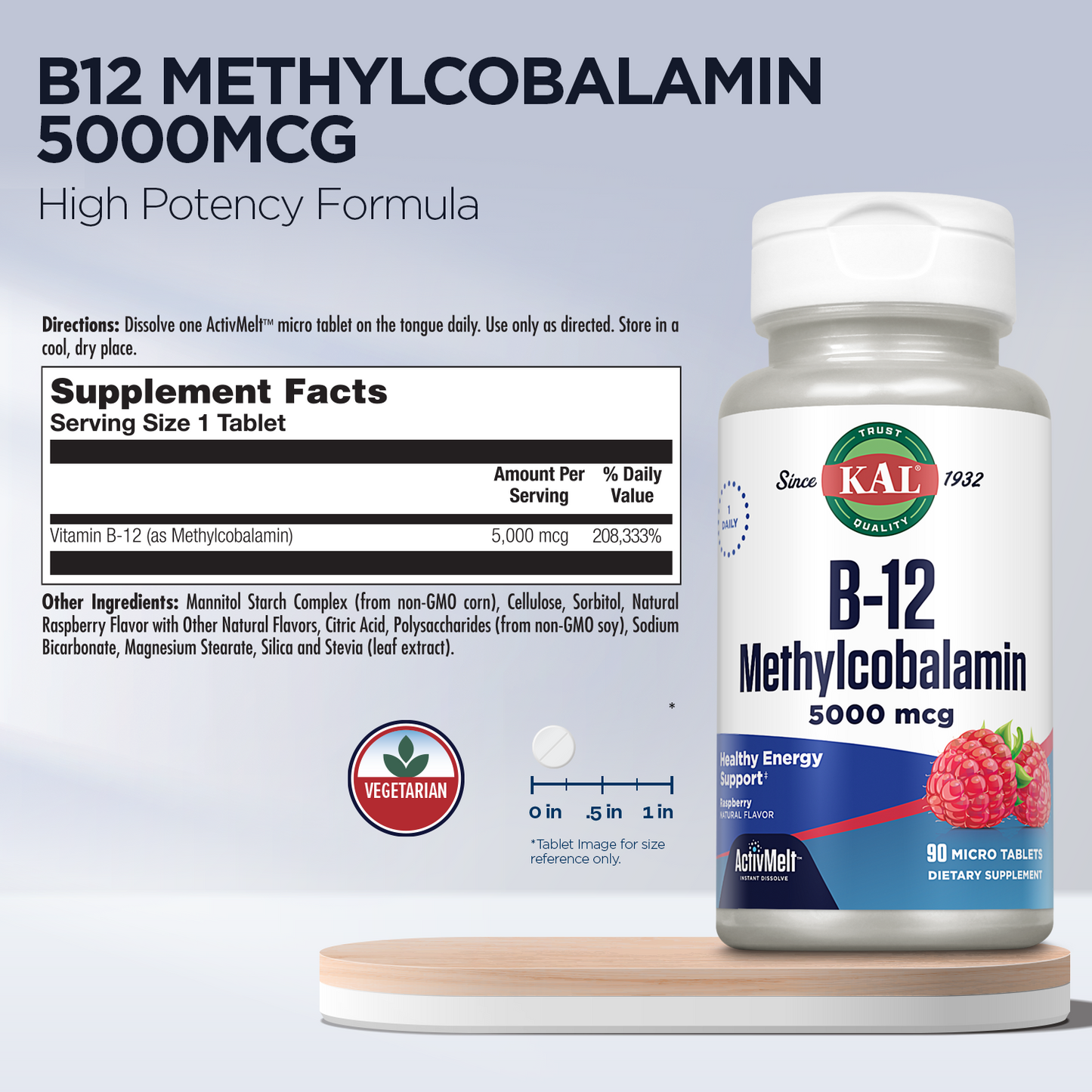 KAL B-12 Methylcobalamin 5000mcg ActivMelt, Raspberry Flavor | Healthy Metabolism, Energy & Red Blood Cell Support, 90ct