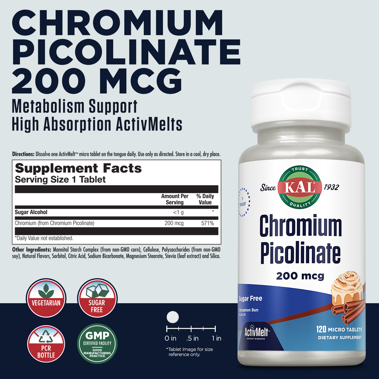 KAL Chromium Picolinate 200mcg Supplement, Healthy Metabolism Support, Fast Dissolving ActivMelts for Enhanced Absorption, Vegetarian, Sugar Free, Cinnamon Bun Flavor, 120 Servings, 120 Micro Tablets