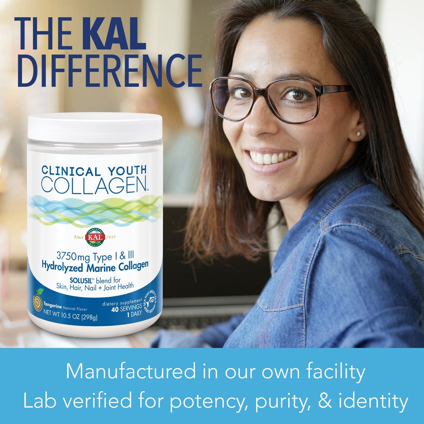 KAL Clinical Youth Collagen | Healthy Skin, Hair, Nail and Joint Support | Vitamin C | Natural Tangerine Flavor | 10.5oz, 40 Serv.