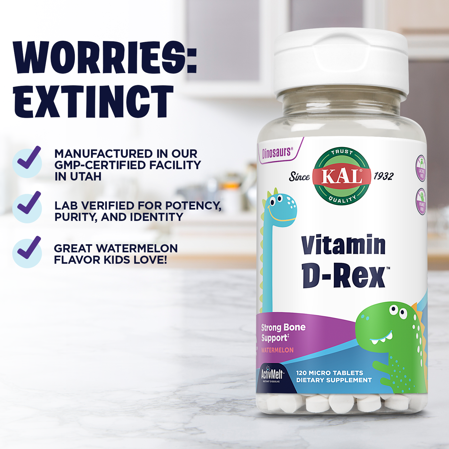 KAL Vitamin D-Rex, Kids Vitamin D, Natural Watermelon Flavor Instant Dissolve Melts, 15 mcg of Vitamin D for Kids, Immune, Heart, Bone, and Oral Health Support, 120 Servings, 120 Micro Tablets