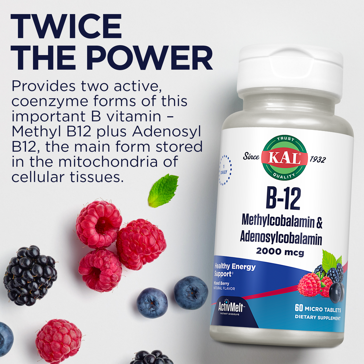 KAL B-12 Methylcobalamin & Adenosylcobalamin ActivMelt 2000 mcg | Natural Mixed Berry Flavor | Biologically Active Forms of B12 | 60 Micro Tablets